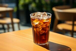 Americano with Fresh Ice Cubes Served in a Clear Glass in Cafe AI Generative photo