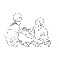 Young male doctor giving vaccine injection to cure sick male patient at hospital. Medical health care treatment vector