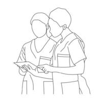 Group of medical staff. Male and Female health workers are isolated on a white background. Nurse discussion with doctors vector line drawing.