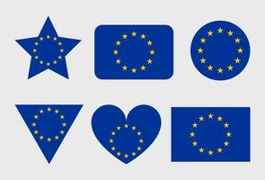 European Union flag vector icons set in the shape of heart, star and circle.