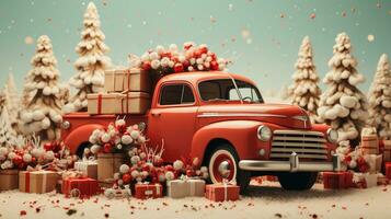 Generative AI, vintage Christmas car with many gifts, blue and red colors. Greeting xmas card, winter holidays photo