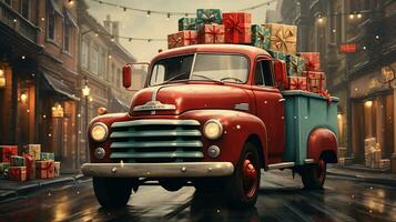 Generative AI, vintage Christmas car with many gifts, blue and red colors. Greeting xmas card, winter holidays photo