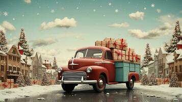 Generative AI, vintage Christmas car with many gifts, blue and red colors. Greeting xmas card, winter holidays photo