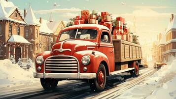 Generative AI, vintage Christmas car with many gifts, blue and red colors. Greeting xmas card, winter holidays photo