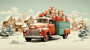 Generative AI, vintage Christmas car with many gifts, blue and red colors. Greeting xmas card, winter holidays photo