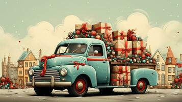 Generative AI, vintage Christmas car with many gifts, blue and red colors. Greeting xmas card, winter holidays photo