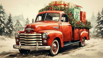 Generative AI, vintage Christmas car with many gifts, blue and red colors. Greeting xmas card, winter holidays photo