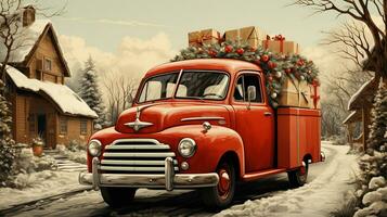 Generative AI, vintage Christmas car with many gifts, blue and red colors. Greeting xmas card, winter holidays photo