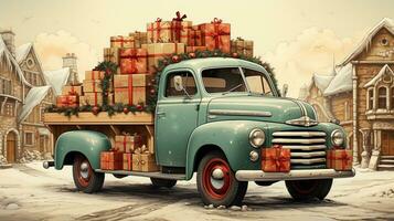 Generative AI, vintage Christmas car with many gifts, blue and red colors. Greeting xmas card, winter holidays photo