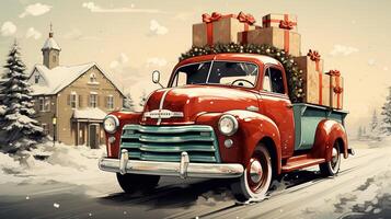 Generative AI, vintage Christmas car with many gifts, blue and red colors. Greeting xmas card, winter holidays photo