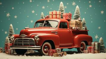 Generative AI, vintage Christmas car with many gifts, blue and red colors. Greeting xmas card, winter holidays photo