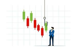 concept of candlestick signals to buy or sell in crypto trading or stock market, analyze data, charts and graphs to make profit, businessman trader analyze green chart with fishing bait. vector