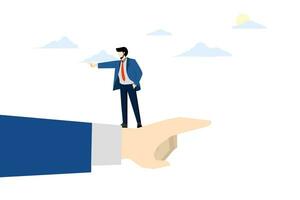 dispute or opposite road concept, employee conflict direction, quarrel between coworkers, different thinking, decision problem, small businessman standing on giant hand pointing opposite direction. vector