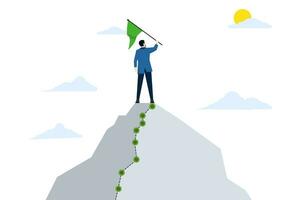 success journey concept, milestone to reach goal, challenge or achievement, business progress or growth towards success, mountain climb, winning successful businessman on hilltop milestone track vector