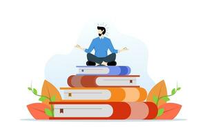 best book concept to help entrepreneurs succeed in business, knowledge or skills to succeed and overcome obstacles, smart entrepreneur success meditation and learn new skills in pile of business books vector