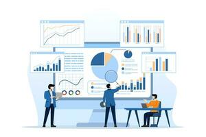 analytics and monitoring concept, business team on web reporting dashboard monitoring, and data analysis research for business financial planning. flat vector illustration design on white background.