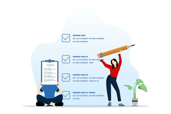 concept of completing task completing work, completing work or completing checklist, project management or good survey results, productive, happy character after completing task or completing work.