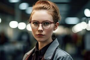 un mujer vistiendo lentes en un urbano ajuste ai generativo foto