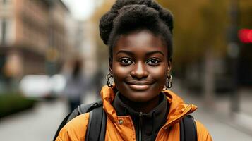 a young woman with an orange jacket and backpack AI Generative photo