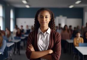 a woman standing in front of a classroom with people in the background photo