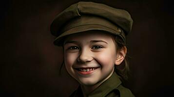 un joven niña en un militar uniforme sonriente ai generativo foto