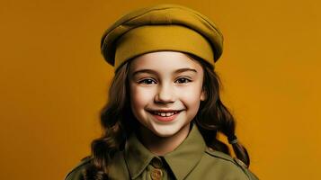 un pequeño niña en un sombrero y uniforme ai generativo foto