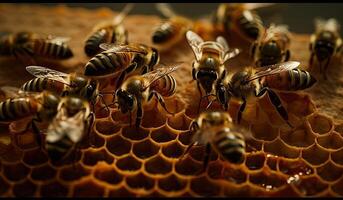 Honey cells and working bees photo