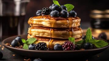 Stack of pancakes with fresh blueberry, raspberry and blackberry on brown plate photo
