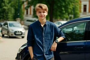 a young man standing next to his car AI Generative photo