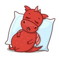 Dragon cartoon character. Cute sleeping on big pillow red dragon. Sticker emoticon with sleep, dreaming, nap, relaxing, rest emotion. Vector illustration on white background