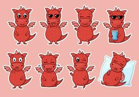 Dragon cartoon character. Cute red dragon sticker emoticon with different emotions. Vector illustration on white background