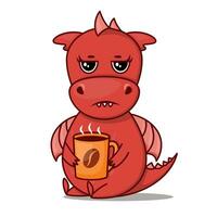 Dragon cartoon character. Cute tired red dragon with cup of coffee. Sticker emoticon with tired, exhausted, sleepy emotion. Vector illustration on white background