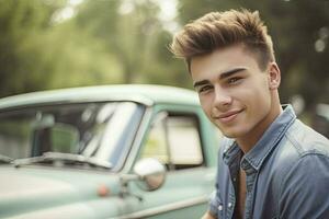 un joven hombre es sentado en frente de un antiguo coche ai generativo foto