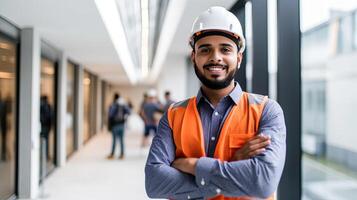 confidente ingeniero hermoso hombre en pie brazos cruzado a moderno hogar edificio. arquitecto con blanco la seguridad casco a construcción sitio ai generativo foto