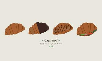 mano dibujado plano vector ilustración de un conjunto de clasificado café elemento cuerno Pastelería icono. chocolate cuerno y emparedado. para panadería menú, comida diseño, pegatina, gráfico, impresión