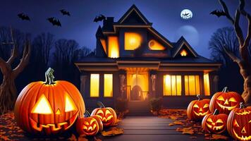 Halloween pumpkins and decorations outside a house. Night view of a house. Ai Generative photo