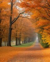 Photo road is surrounded by trees with colorful leaves during fall  AI-generated