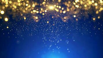 Abstract background with Dark blue and gold particle. New year, Christmas background with gold stars and sparkling. Christmas Golden light shine particles bokeh on navy background. Ai Generative. photo