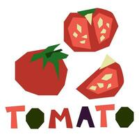 A red tomato, whole and in section, highlighted on a white background. The original signature is tomato. Products from the farmer's market, organic food. Geometric stylized flat vector illustration