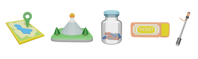 3D icon world tourism day collection rendered isolated on the transparent background. travel map, mountain peak, medicine jar, and trekking pole object for your design. png