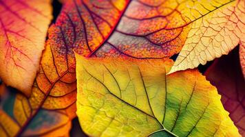 Close up of autumn leaves. Multicolored fall leaves. Colorful autumn leaves. Ai Generative. photo