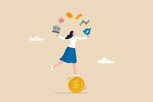 Investment expert, financial professional or wealth management, savings or trader for earning profit, stock market analyst, financial advisor planning concept, businesswoman juggling finance elements. vector