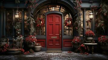 Generative AI, Front door with Christmas decoration, wreath and garland. Red and grey colors photo