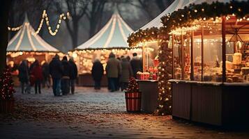 Generative AI, Christmas fair blurred background, winter street market in Europe photo