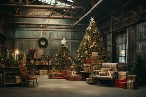 Generative AI, Christmas interior rural background, Santa Claus rustic workshop photo