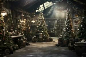 Generative AI, Christmas interior rural background, Santa Claus rustic workshop photo