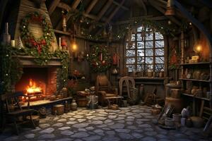 Generative AI, Christmas interior rural background, Santa Claus rustic workshop photo