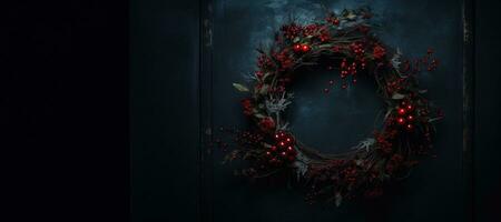 Generative AI, Close up Christmas wreath, dried branches, red berries, pine, balls and flowers on dark moody floral textured background. photo