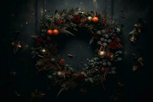 Generative AI, Close up Christmas wreath, dried branches, red berries, pine, balls and flowers on dark moody floral textured background. photo