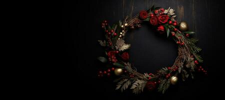 Generative AI, Close up Christmas wreath, dried branches, red berries, pine, balls and flowers on dark moody floral textured background. photo